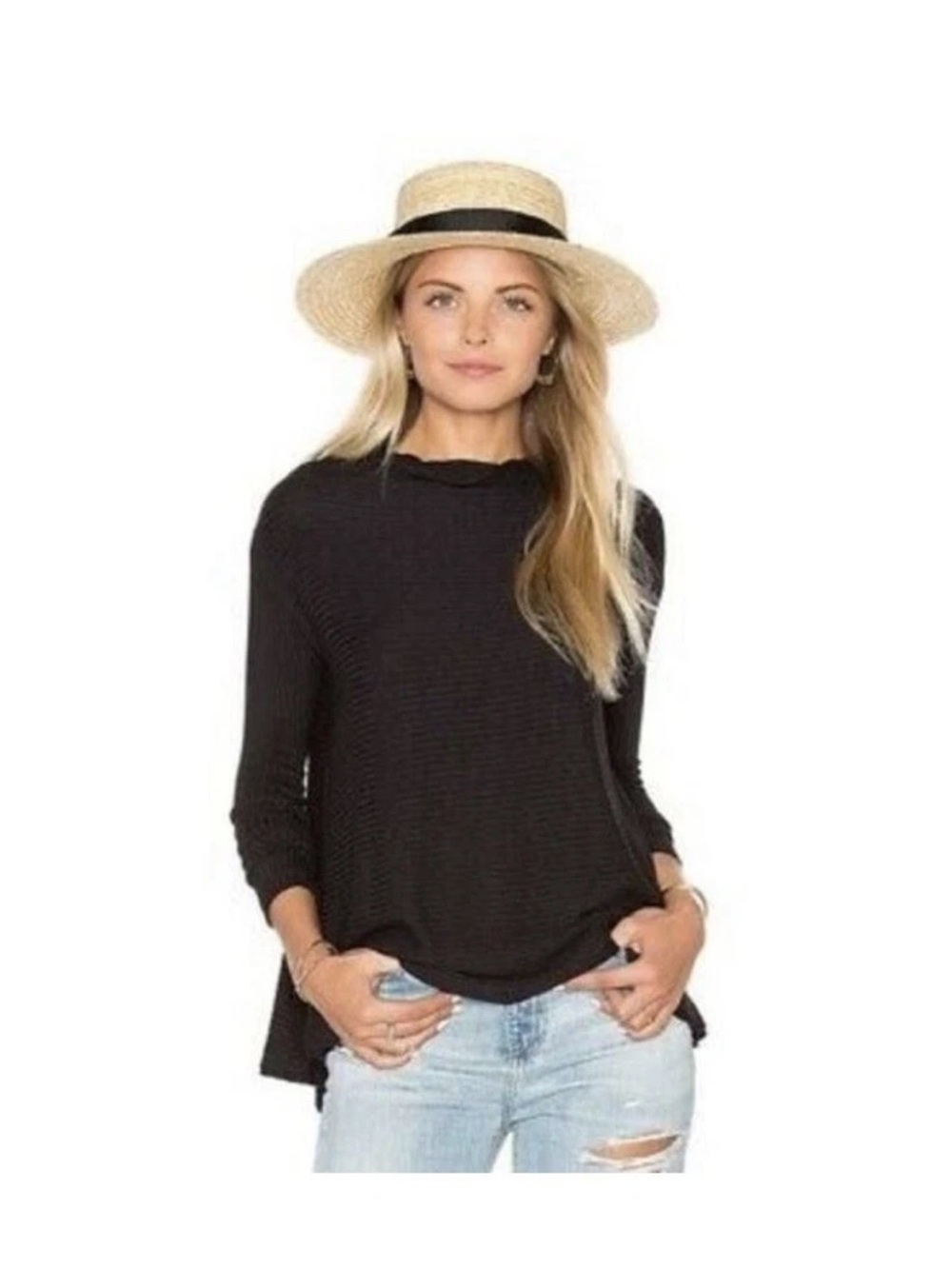 We The Free People Black Ribbed Turtleneck Love Split Top Cut Out Back Tunic